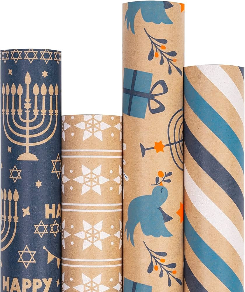 RUSPEPA Kraft Hanukkah Wrapping Paper Roll - Blue Menorah, Birds, Stripe and Star of David Design... | Amazon (US)