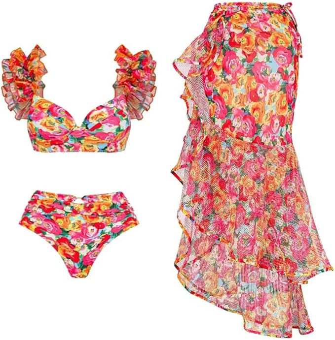 IDOPIP Women's One Piece Swimsuit with Beach Cover up Wrap Skirt Sarong Retro Floral Print Bikini... | Amazon (US)