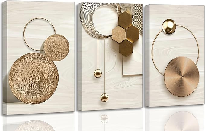 3 Pcs Abstract Gold Geometric Boho Canvas Wall Art Mid Century Modern Minimalist Aesthetic Luxury... | Amazon (US)