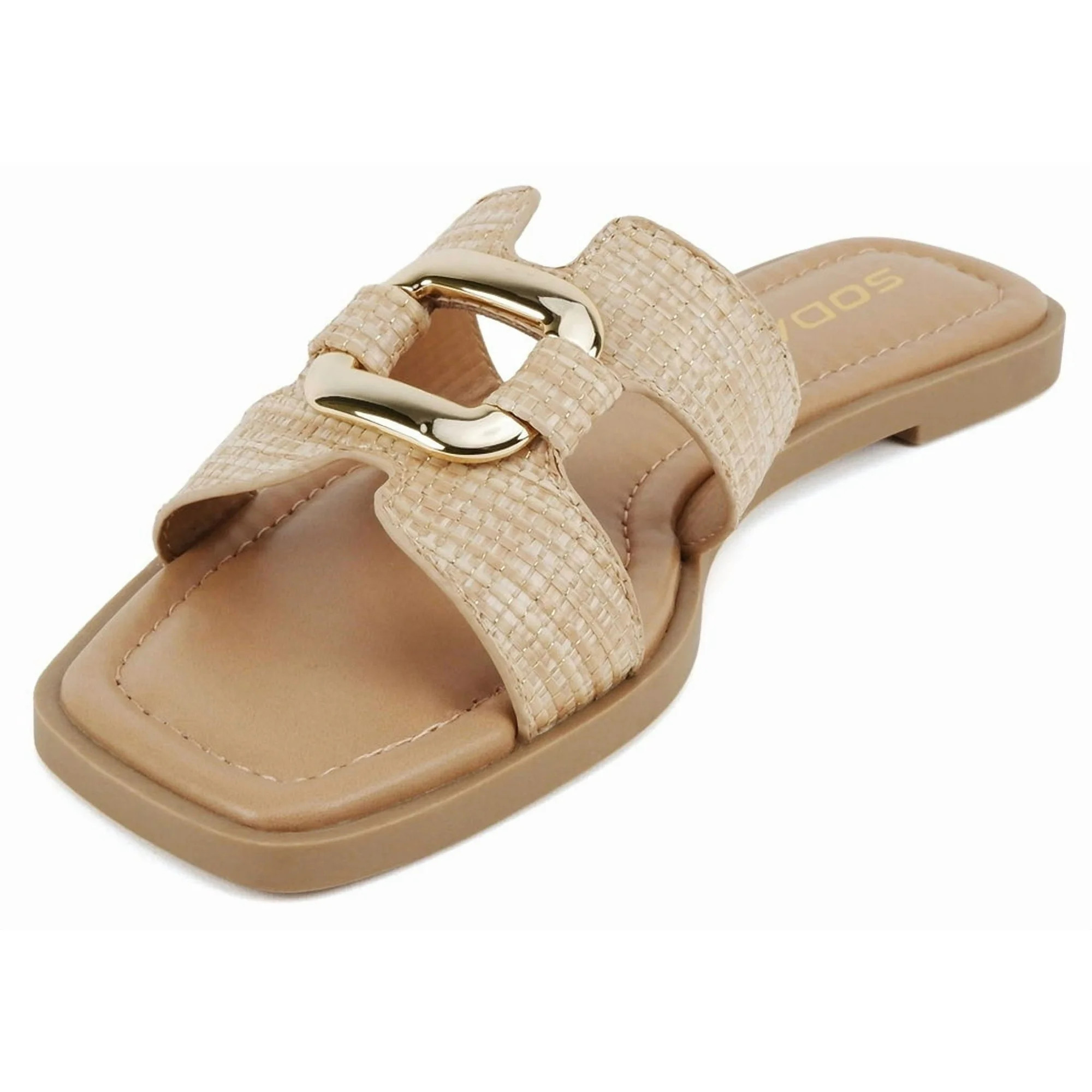 Soda Shoes Women Slip-On Sandals H-Band Flat Flip-Flops Slides Gold Buckle Square Toe FENG-S Beig... | Walmart (US)
