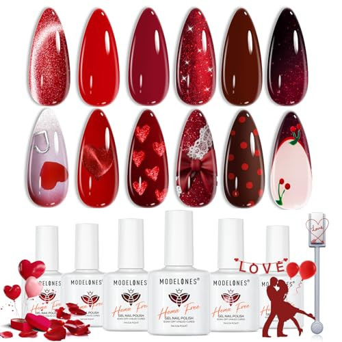 modelones Red Gel Nail Polish Set 2026 Valentine's Day 6 Colors Burgundy Cherry Dark Red Cat Eye Glitter Color Changing Hema&TPO Free Gel Polish Kit with Magnet Soak Off Nail Art DIY Gifts | Amazon (US)
