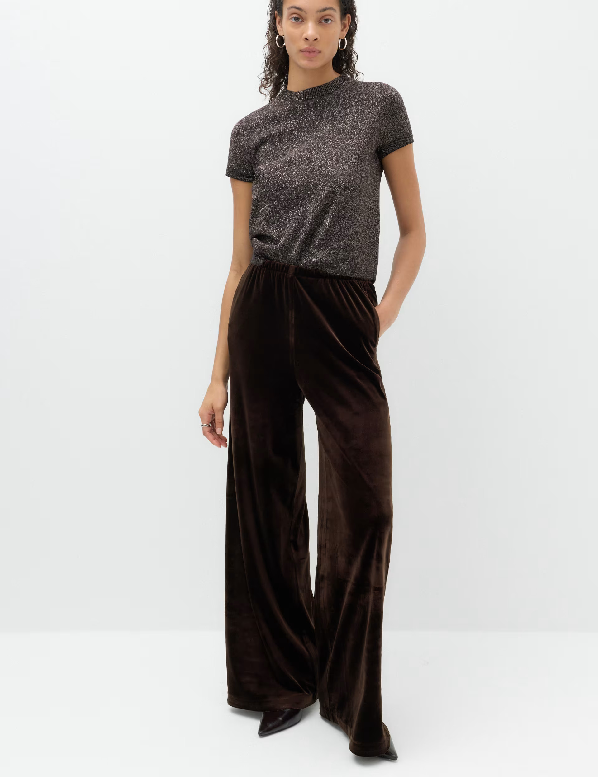 M&S Velvet Pull On Wide Leg Trousers Bitter Chocolate | Marks & Spencer (UK)