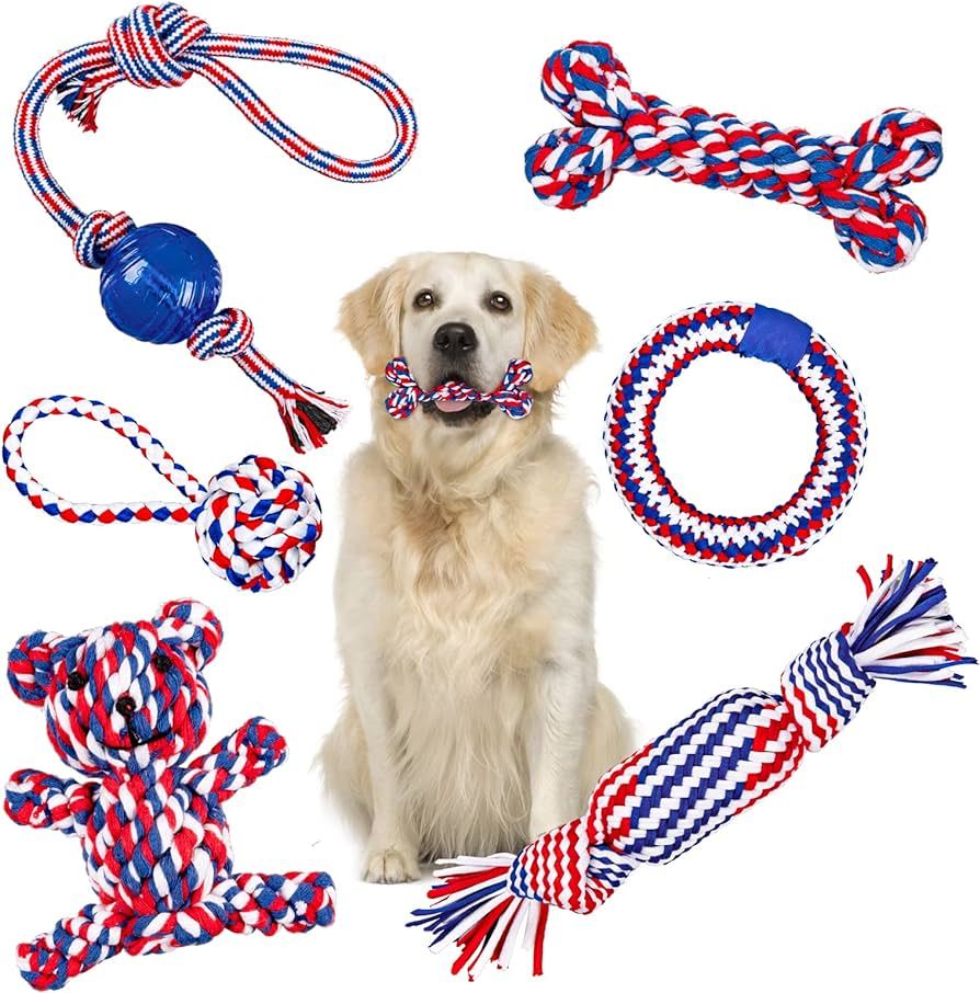 Whaline 6Pcs Dog Rope Toy Kit Puppy Chew Toy Red Blue White Bear Bone Bell Ring Ball Squeaky Cott... | Amazon (US)