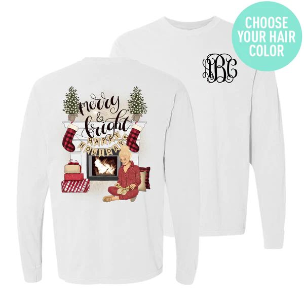 Monogrammed 'Merry & Bright' Front & Back Long Sleeve T-Shirt | United Monograms