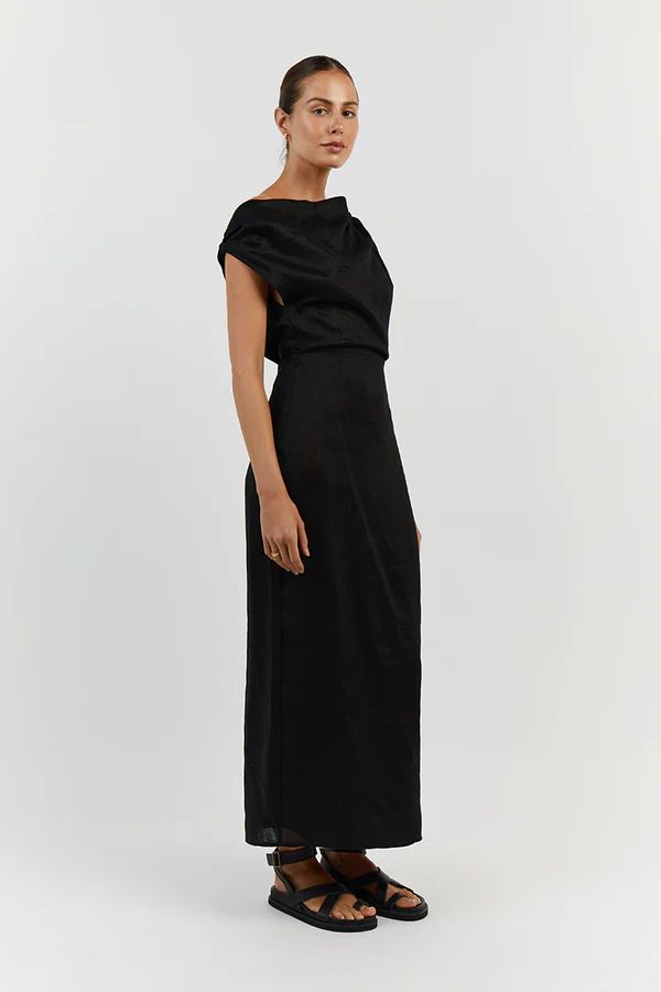 CASS BLACK LINEN ASYM MIDI DRESS | DISSH