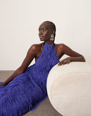ARRANGE fringe texture halter neck scoop back maxi dress in blue | ASOS (Global)