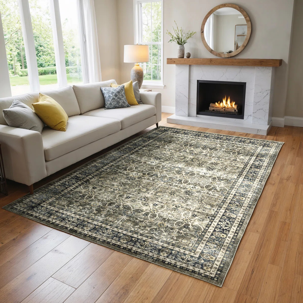 Waxman Vintage Bordered Charcoal Gray/ Blue Washable Area Rug Mat | Wayfair North America
