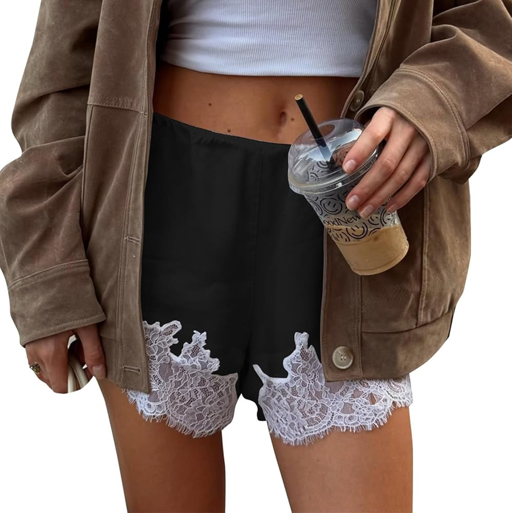 Women Satin Silk Lace Trim Shorts Lace Floral Patchwork Silky Slip Shorts Comfy Pajamas Bottoms S... | Amazon (US)