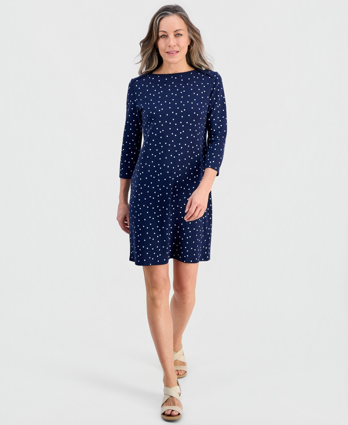 Style & Co Petite Polka Dot Knit Envelope-Neck 3/4-Sleeve Dress, Macy's Exclusive - Polka Indigo Blue | Macy's