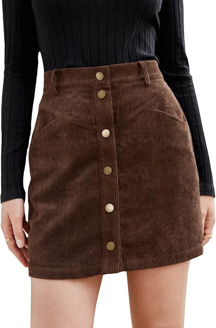 WDIRARA Women's Mid Waist Corduroy A-line Slim fit Button Casual Mini Skirt | Amazon (US)