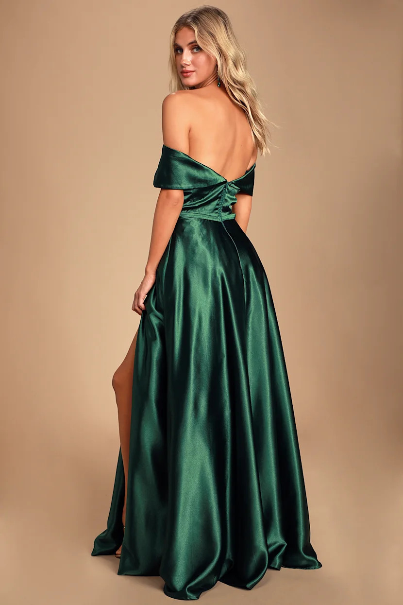 Greatest Hits Forest Green Satin Off-the-Shoulder Maxi Dress | Lulus (US)