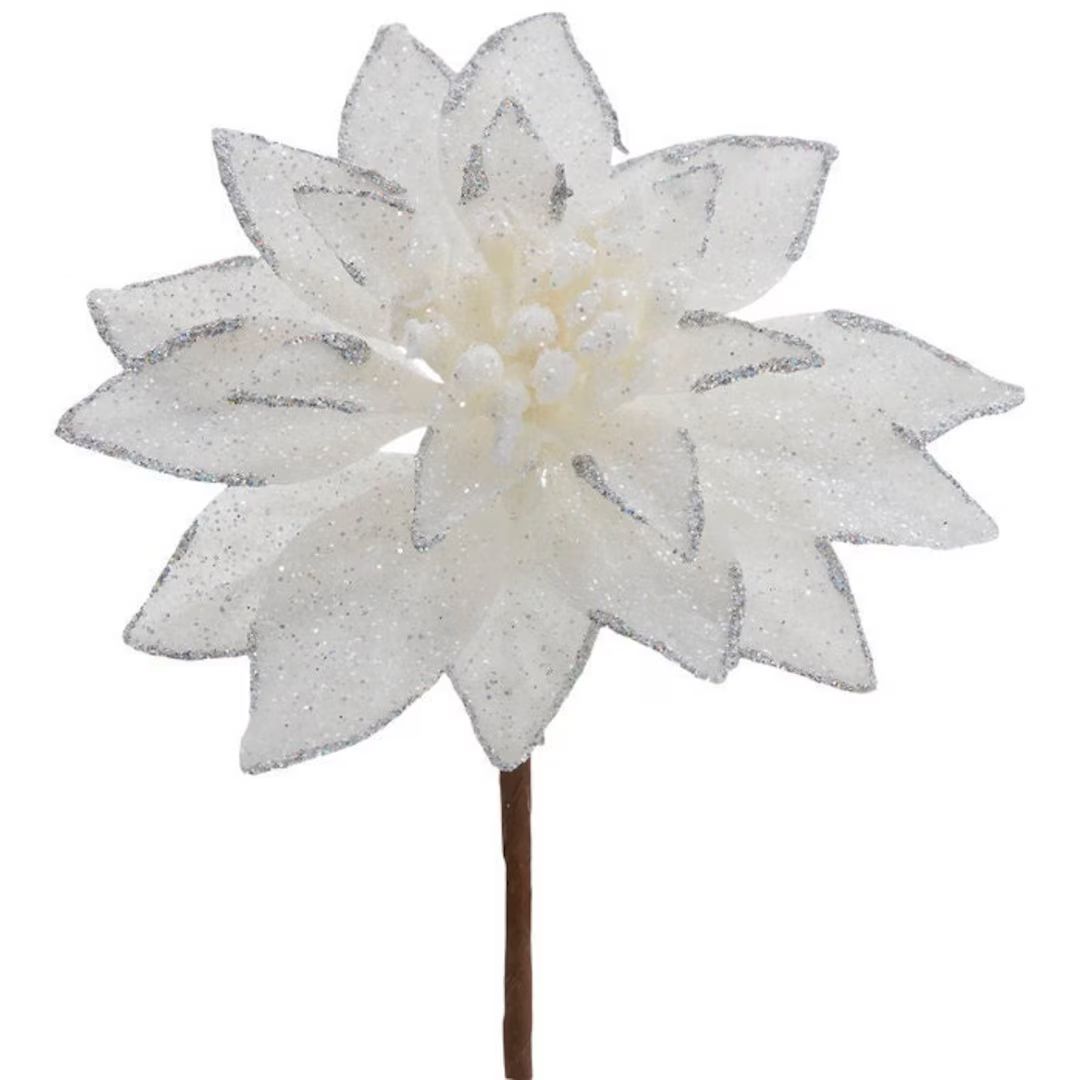 White and Silver Glitter Poinsettia Christmas Flower Stem - Etsy | Etsy (US)
