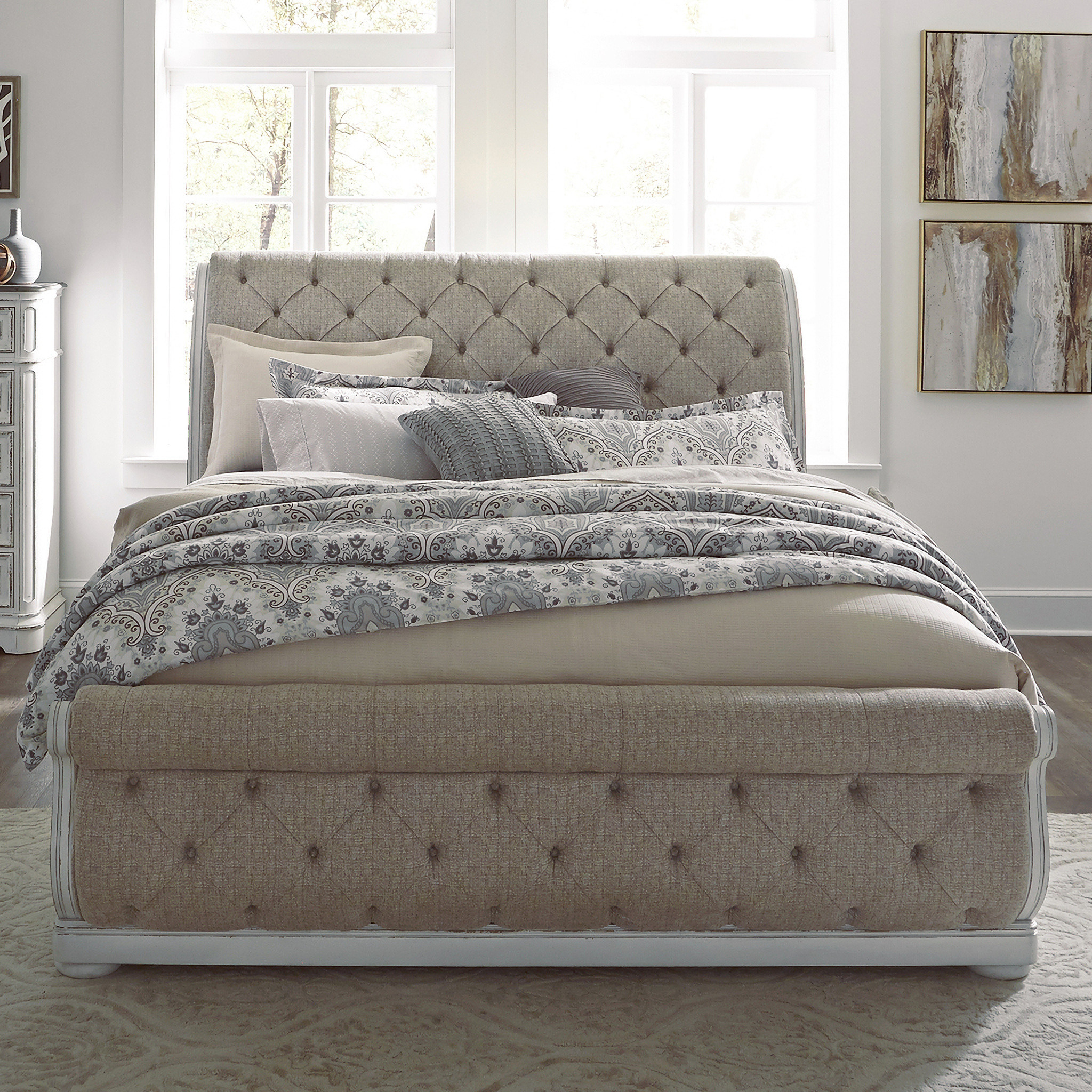 Magnolia Manor Antique White King Upholstered Sleigh Bed | 1stopbedrooms