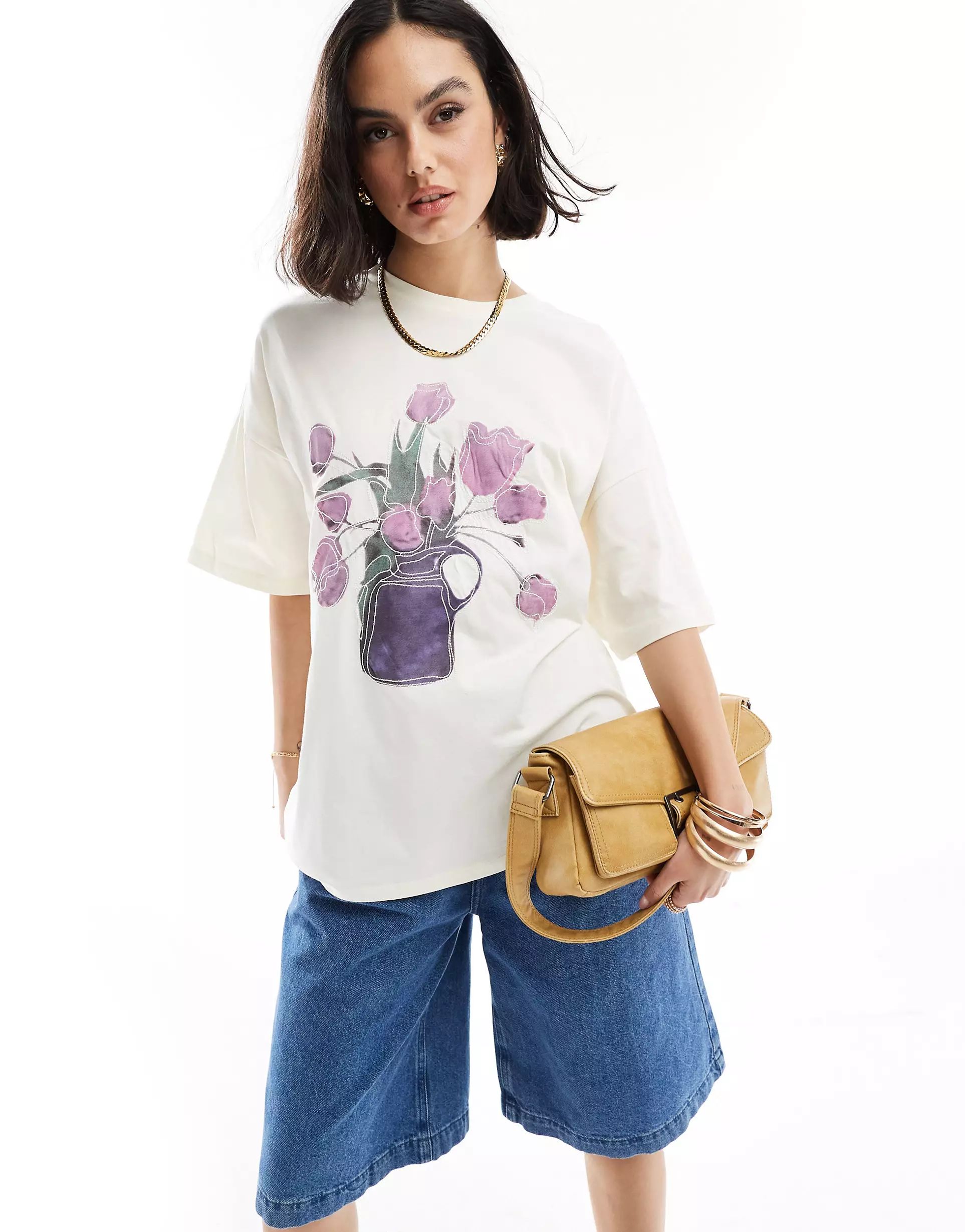 ASOS DESIGN oversized t-shirt with embroidered tulip graphic in white | ASOS | ASOS (Global)
