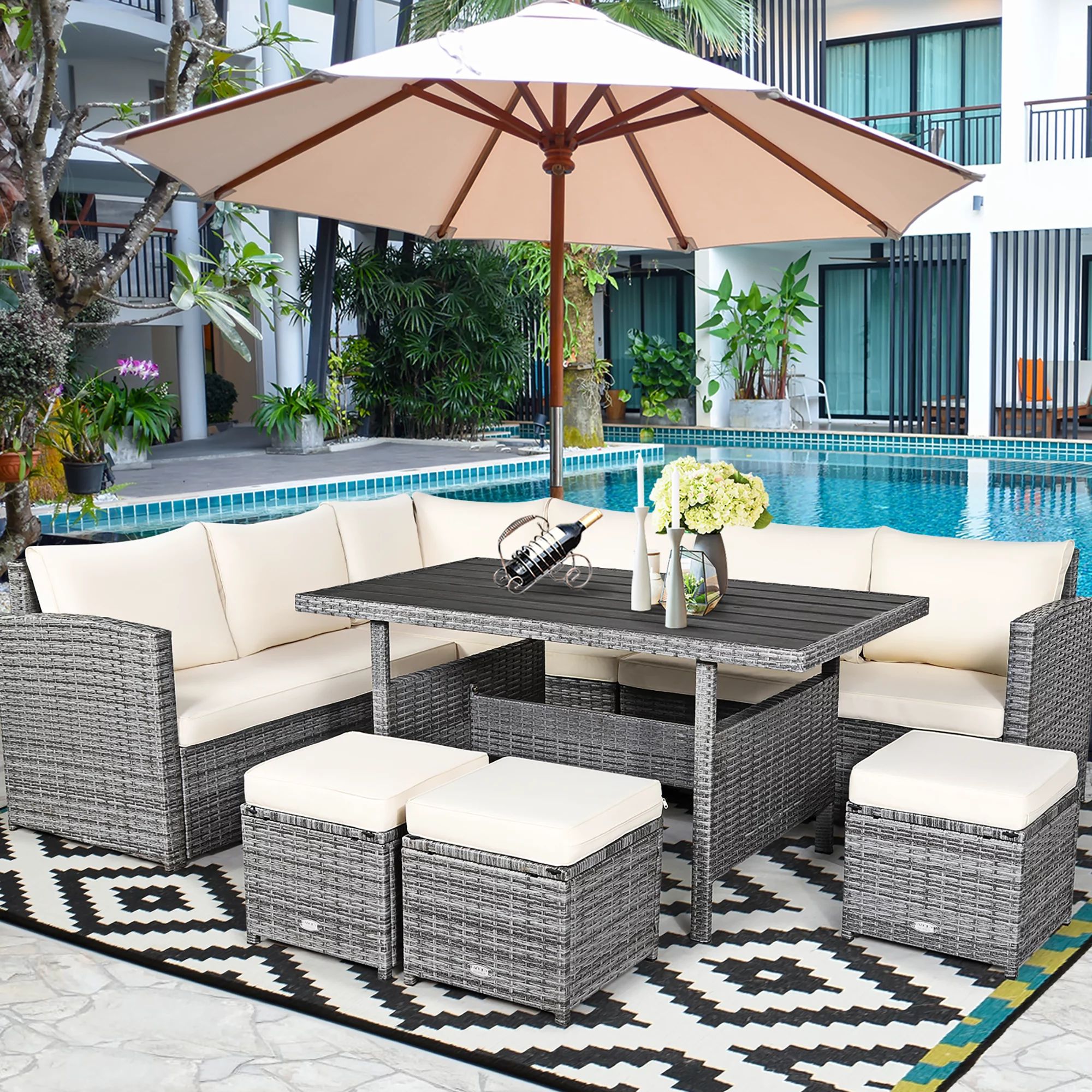 Costway 7 PCS Patio Rattan Dining Set Sectional Sofa Couch Ottoman Garden White\Red\Black | Walmart (US)