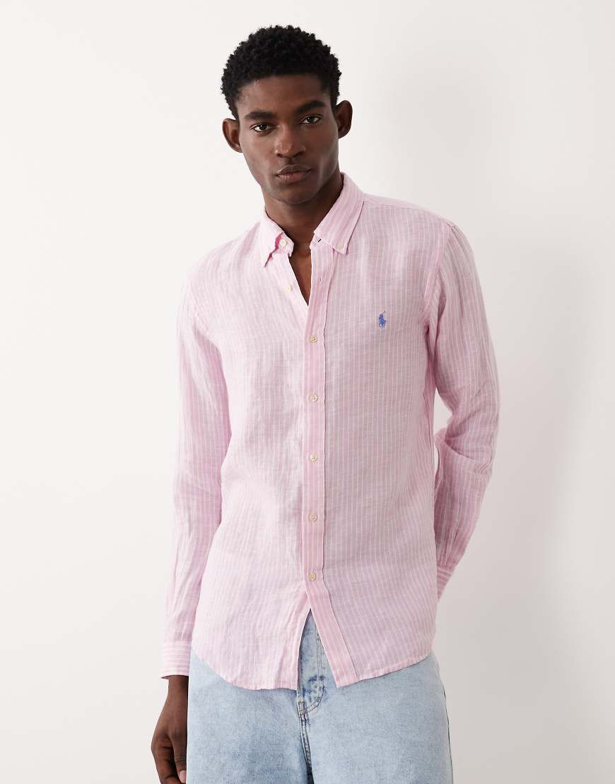 Polo Ralph Lauren icon logo striped linen long sleeve shirt in pink and white | ASOS (Global)