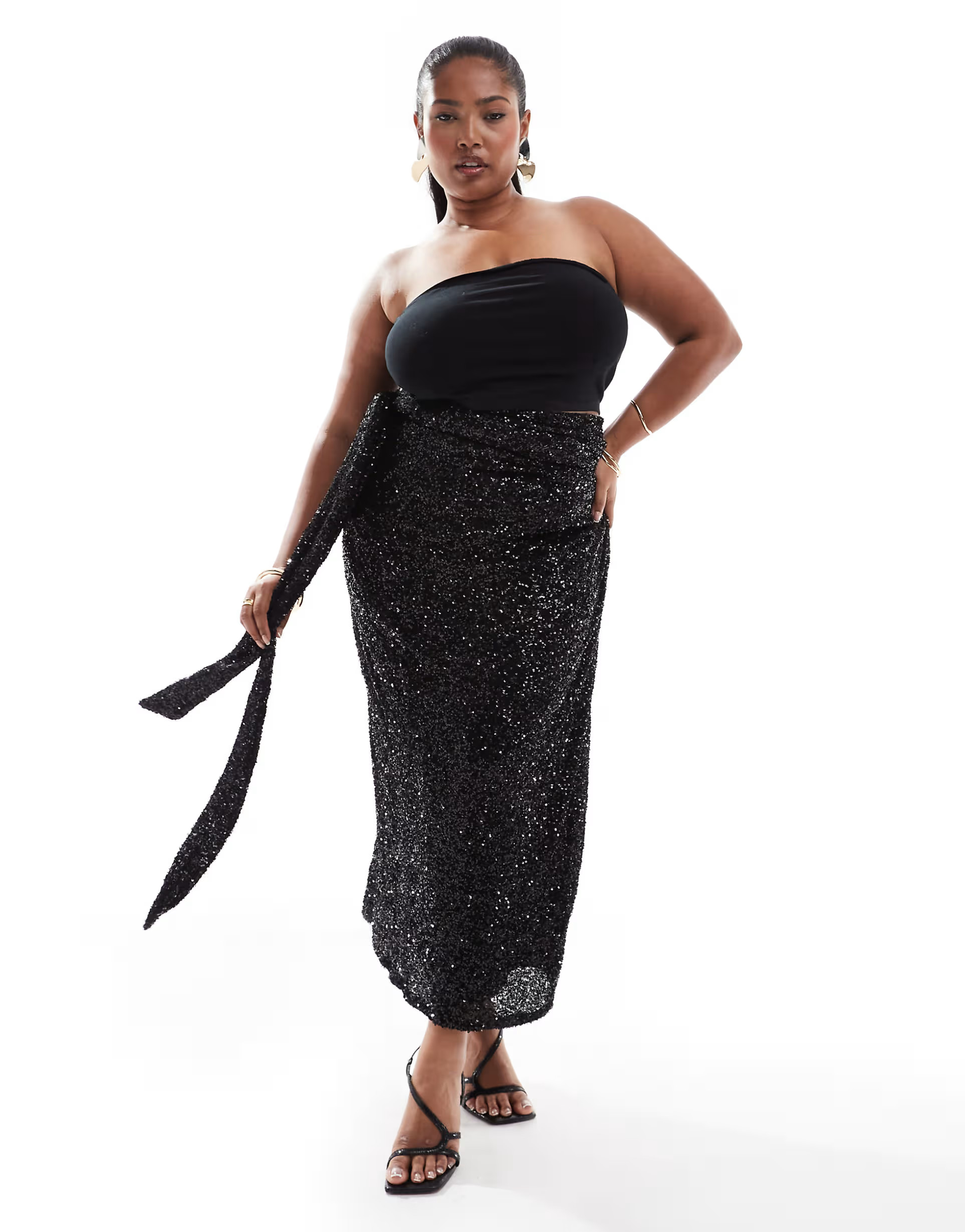 Never Fully Dressed Plus Jaspre sequin wrap maxi skirt in black | ASOS (Global)