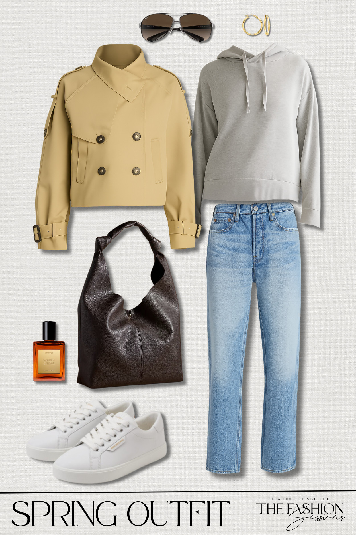 Comfy chic spring outfit with some crazy affordable denim!
crop trench coat | supersoft fleece pullover hoodie | mid-rise boyfriend jeans | ethyl sneakers | the love knot slouchy bag | ray-ban aviator sunglasses | gold hoop earrings | sacred santal perfume oil | mom outfit | shopping outfit | weekend outfit | casual outfit 

 #LTKSpringSale #LTKootd