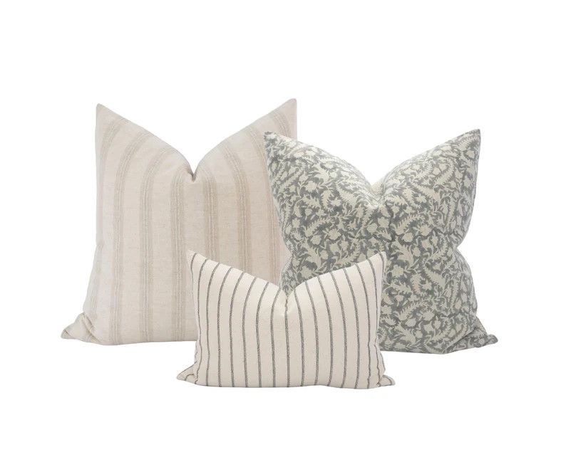 Neutral Grey Designer Pillow Combo Coastal Pillows Block Print - Etsy | Etsy (US)