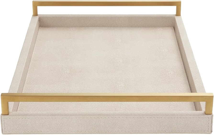 WV 17.8 * 11.8 “ Ivory Shagreen Large Serving Tray with Gold Handles for Ottoman Coffee Table F... | Amazon (US)