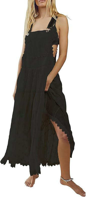 ebossy Women's Laced Embroidered Tulle Bib Dress Casual Loose Adjustable Straps Maxi Dress | Amazon (US)