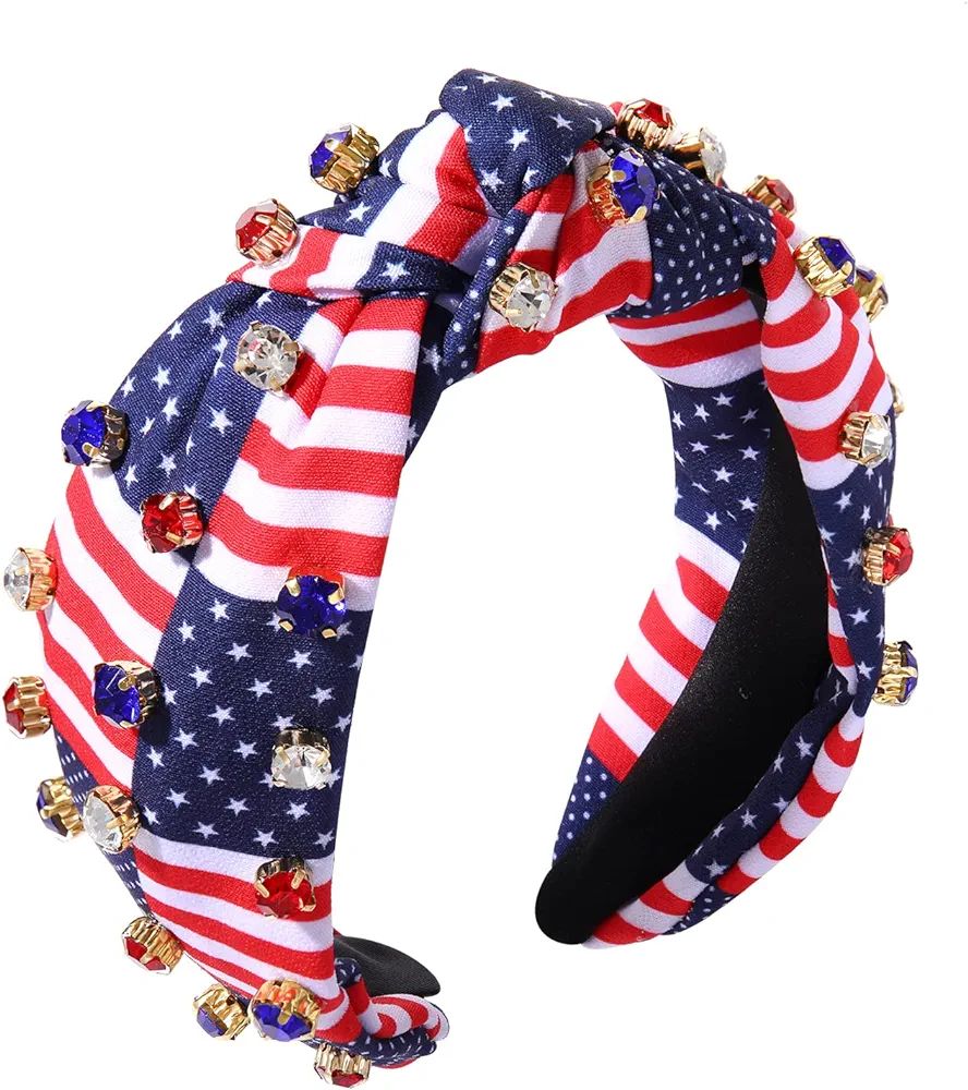 Crystal Velvet Headband American Flag Cross Knotted Turban Headdress Patriotic rhinestone Stateme... | Amazon (US)