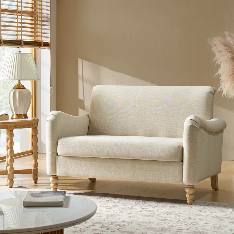 Terren 50.5"W Farmhouse Linen Upholstery Loveseat With Solid Wood Spindle Legs | Wayfair North America