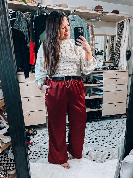 Walmart fashion midsize holiday outfit Cream and gold fleck sweater xl Wearing an xl in these wide leg pants they are big on me would prefer a large Belt is one of my faves

#LTKHoliday #LTKcurves #LTKSeasonal