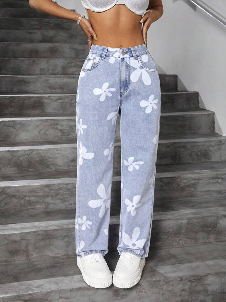 SHEIN PETITE Women's Straight Leg Jeans With Flower Print And Slanted Pockets | SHEIN
