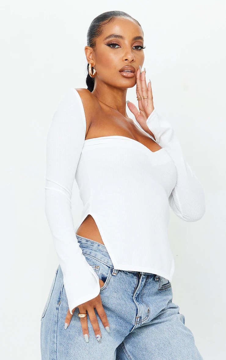 White Rib Sweetheart Neck Dip Hem Long Sleeve Top | PrettyLittleThing US
