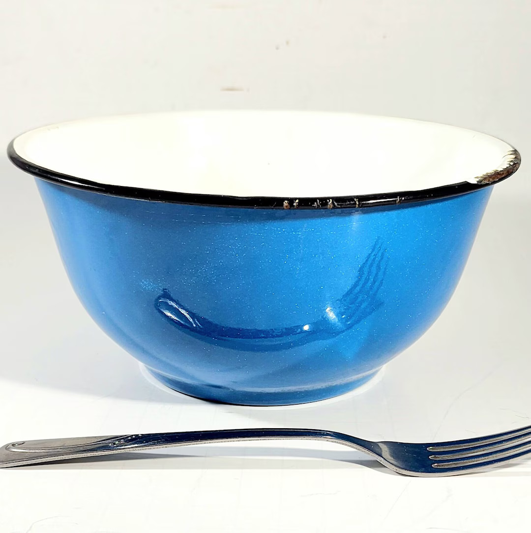 Blue Enamelware Bowl White Interior and Black Trim, Dark Cyan Color 70s - Etsy | Etsy (US)