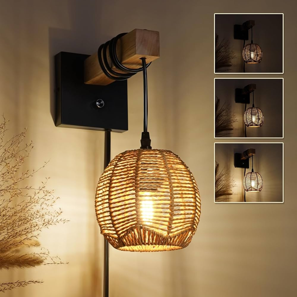 N01 Plug in Dimmable Wall Sconces Hanging Boho Rattan Wall Lamp Farmhouse Stepless Wall Sconce Wo... | Amazon (US)
