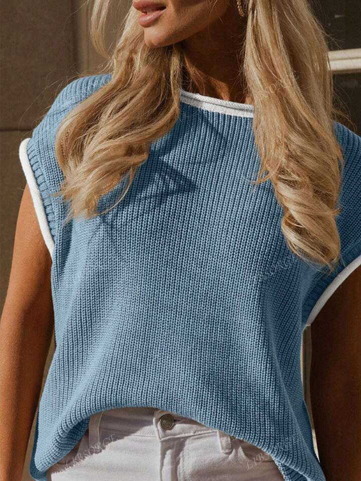 Women's Contrast Binding Casual Colorblock Splice Batwing Sleeve Knit Top Cap Sleeve Knit Sweater Tops Sleeveless Vest Summer Tops Spring Clothes Oversized Tank Tops T Shirts | SHEIN