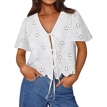 Trendy Queen Womens Summer Tops Cute Boho Blouses Beach Vacation Spring Outfits 2026 Tie Front Ey... | Amazon (US)