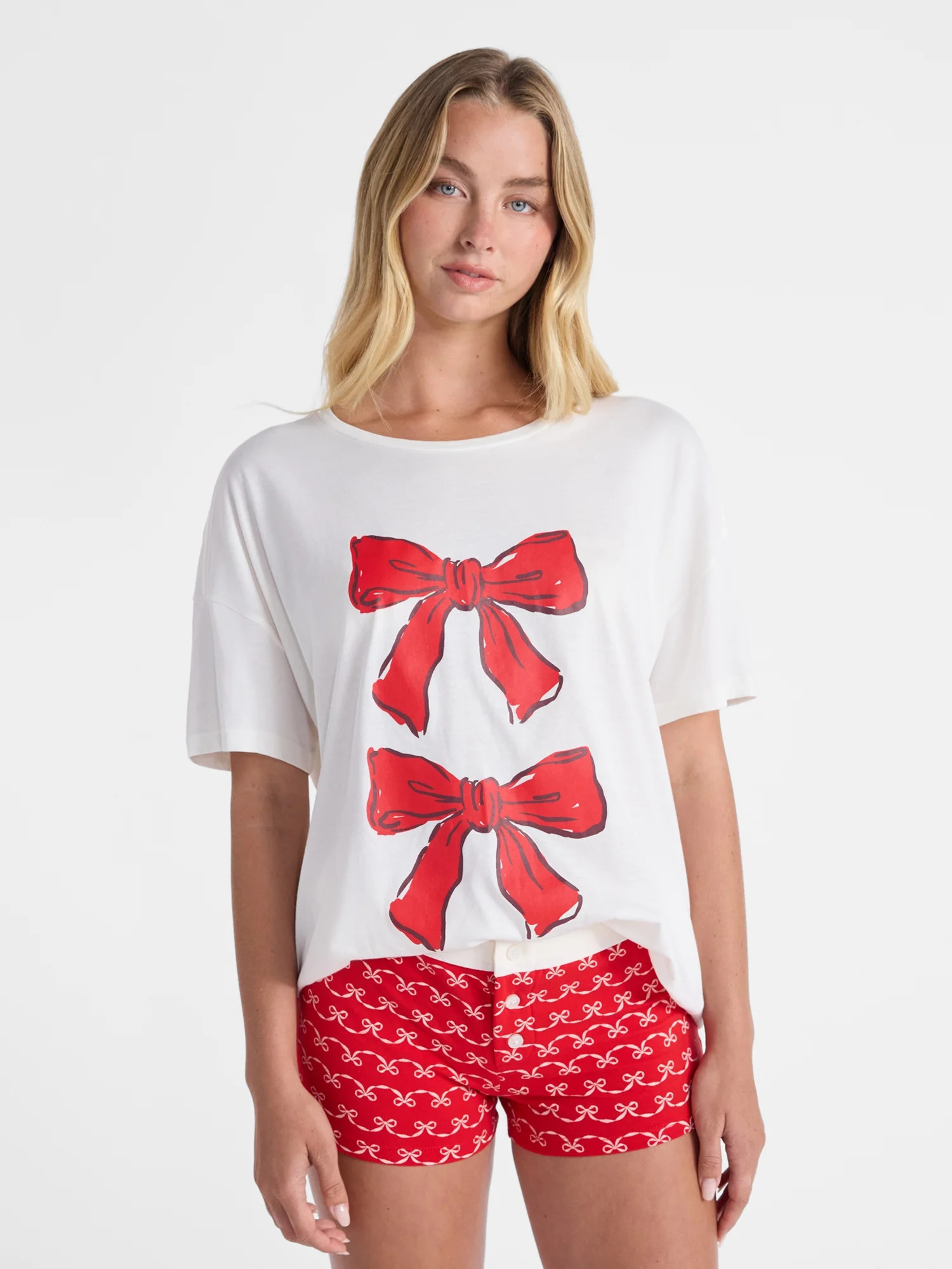 No Boundaries Sleepwear Cotton Tee and Boxer Shorts Set, 2-Piece, Women’s | Walmart (US)