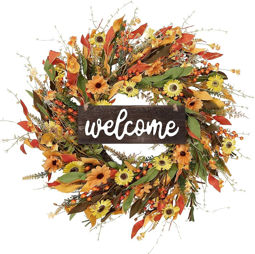 Sggvecsy Fall Wreath 22’’ Harvest Wreath Autumn Front Door Wreath with Daisies Leaves Red Ber... | Amazon (US)