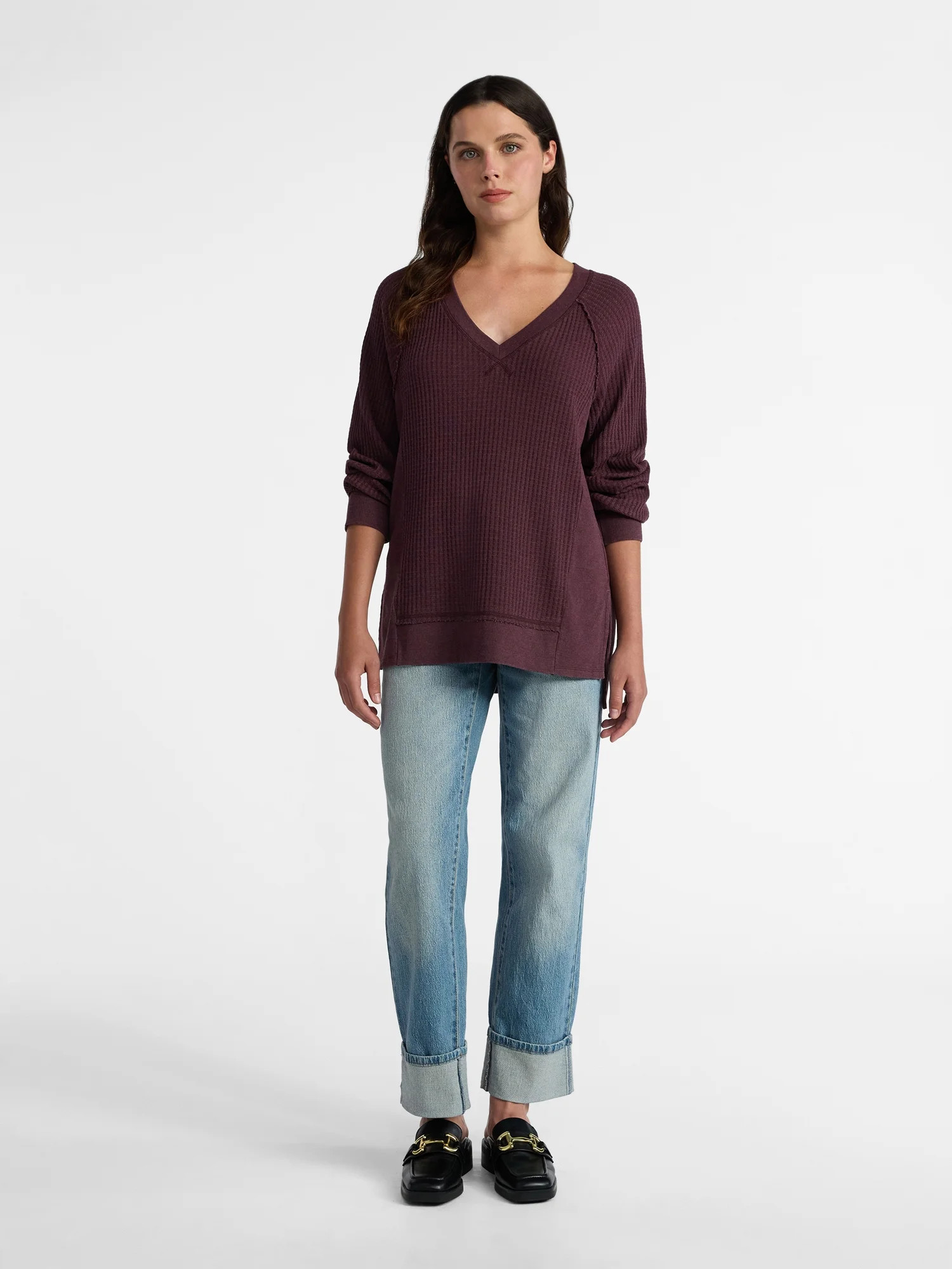 Time and Tru Women's Waffle Knit Tunic V-Neck Sweatshirt with Long Sleeves, Sizes XS-3XL | Walmart (US)