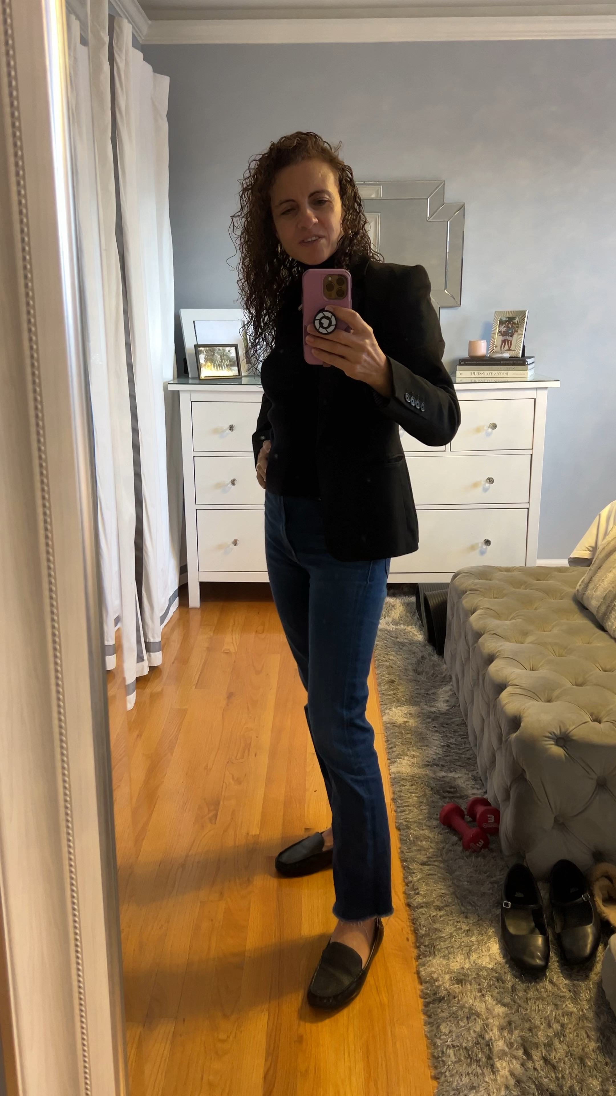 OOTD classic fall outfits, fashion look. Black turtleneck size small, blue jeans with raw hem size 26, with black blazer, black ballet flats, gold jewelry, black loafers look great too!

#LTKStyleTip #LTKWorkwear #LTKOver40