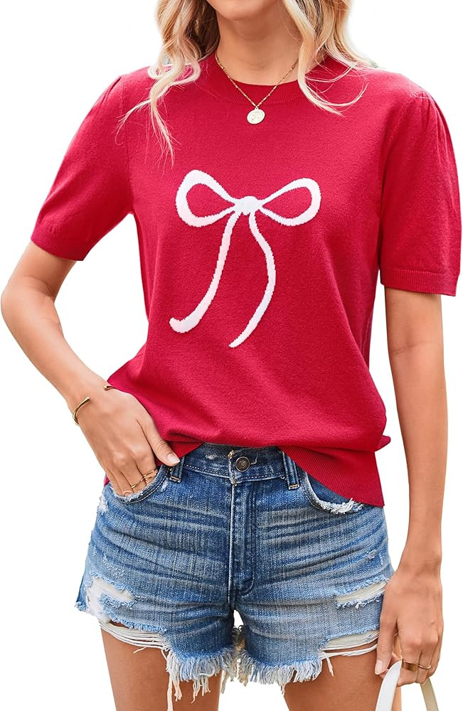 Arach&Cloz Womens y2k Bow Short Puff Sleeve Knit Tops 2025 Spring Summer Lightweight Crew Neck Ca... | Amazon (US)
