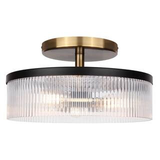 CANARM JENNER 15 in. 3-Light 60-Watt Contemporary Matte Black and Gold Semi-Flush Mount with Clea... | The Home Depot