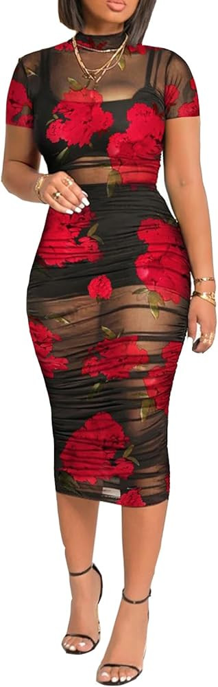 Mojessy Sheer Dress for Women Sexy Short Sleeve Ruched Mesh Bodycon Dress Adjustable Strap Top Mi... | Amazon (US)