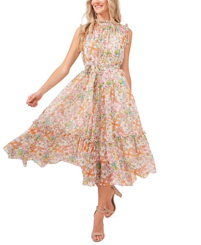 CeCe Floral Printed Belted Midi Dress & Reviews - Dresses - Women - Macy's | Macys (US)