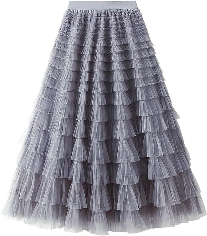 Amazon.com: Women Tutu Tulle Skirt Elastic High Waist Layered Skirt Tiered Sheer Mesh A-Line Maxi... | Amazon (US)