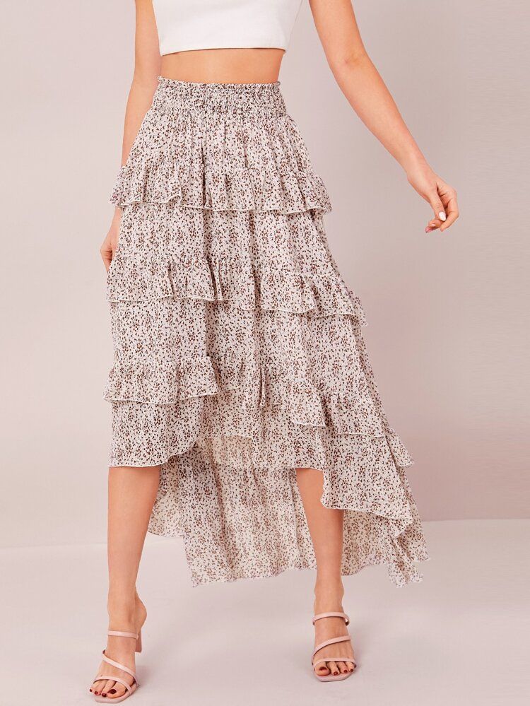 SHEIN Shirred Wide Waistband Layered Ruffle Trim Dip Hem Skirt | SHEIN
