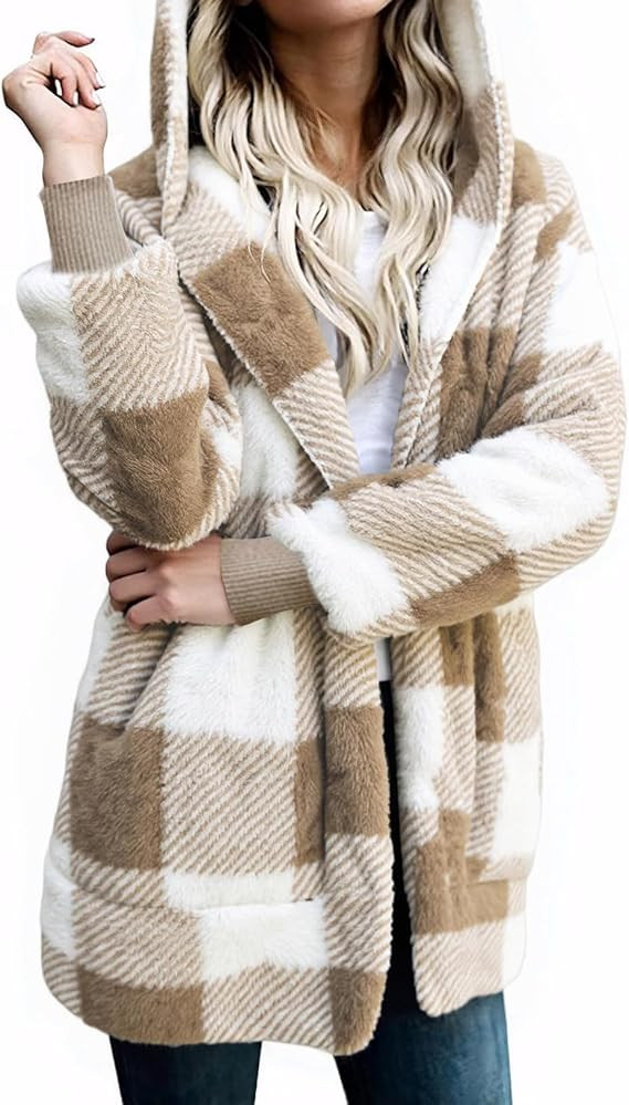 Zilcremo Women Hooded Cardigan Fuzzy Jacket Winter Open Front Fleece Coat Outwear with Pockets | Amazon (US)
