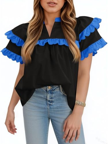 Tankaneo Womens Ruffle Sleeve Babydoll Tops Color Block Summer V Neck Pleated Blouse Dressy Casual Loose Fit Shirts Black | Amazon (US)