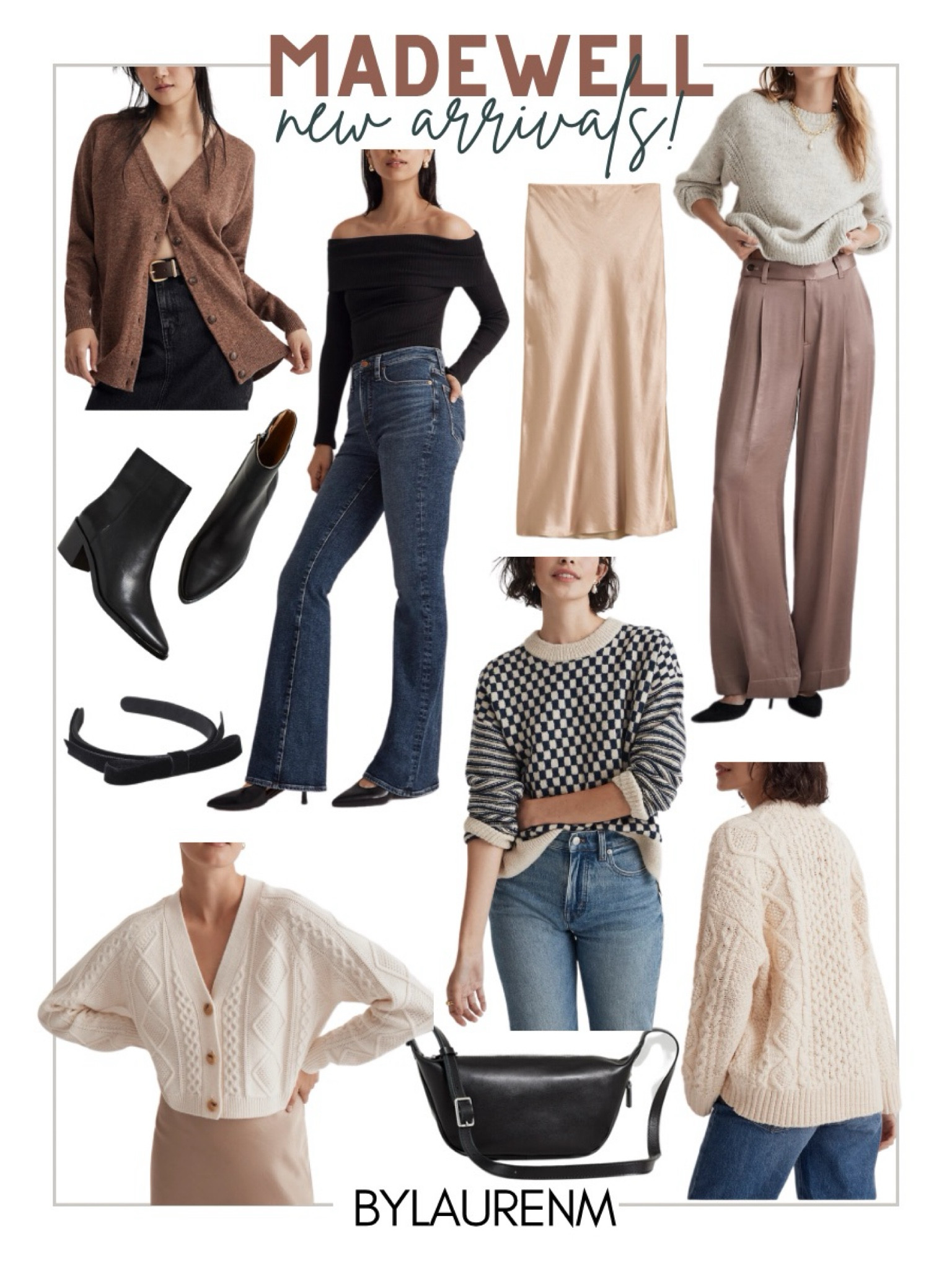 Madewell new arrivals all 30% off! @madewell sweater, silk skirt, cardigans, black leather boots, bow headband, sling bag, silk trousers. 

#LTKfindsunder100 #LTKsalealert