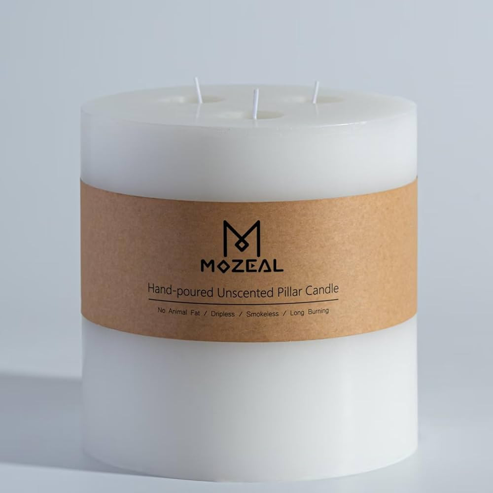 MOZEAL Extra Large 3 Wick White Pillar Candle, 6" x 6", Unscented, Dripless, Smokeless, and Clean... | Amazon (US)