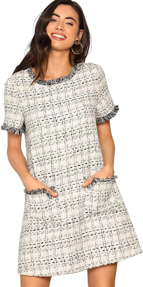 Floerns Women's Tweed Short Sleeve Shift Tunic Dress with Pockets | Amazon (US)