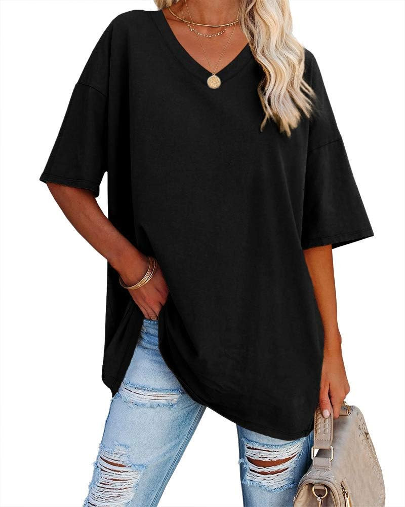 Ebifin Womens Oversized Tshirts V Neck Tee Shirts Half Sleeve Loose Fit T shirt Cotton Tunic Tops... | Amazon (US)